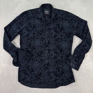 Maceoo Mens Medium Long Sleeve Button Shirt Black Blue Italian Jacquard Abstract